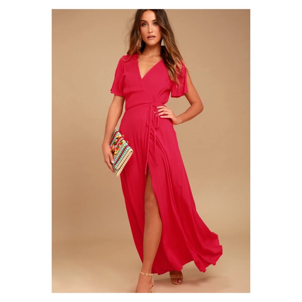 Lulu's Red Wrap Maxi Dress with Flutter Sleeves